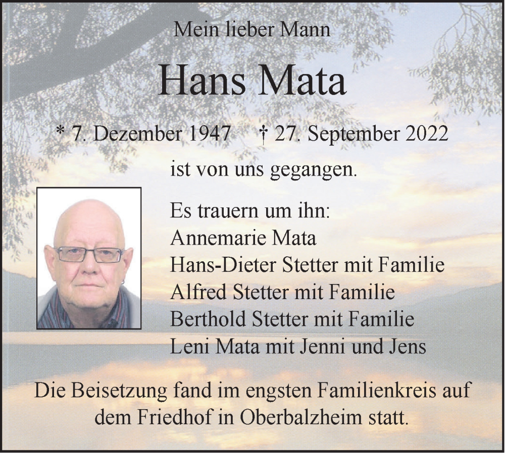  Traueranzeige für Hans Mata vom 25.10.2022 aus SÜDWEST PRESSE Ausgabe Ulm/Neu-Ulm