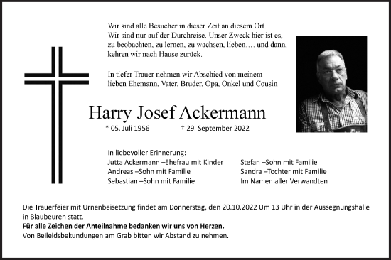 Traueranzeige von Harry Josef Ackermann von SÜDWEST PRESSE Ausgabe Ulm/Neu-Ulm