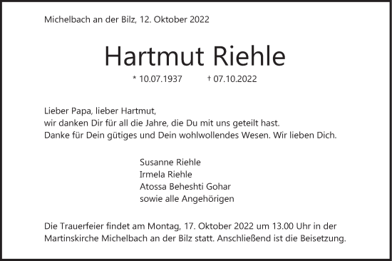 Traueranzeige von Hartmut Riehle von Haller Tagblatt