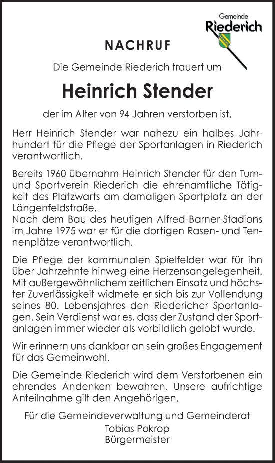 Traueranzeige von Heinrich Stender von Metzinger-Uracher Volksblatt