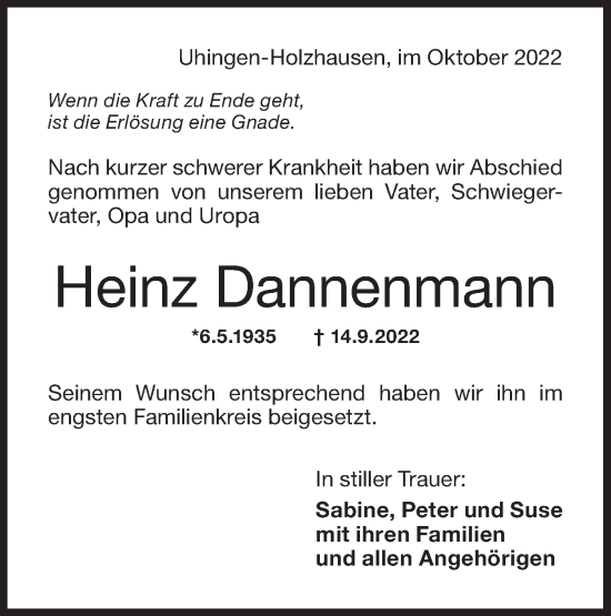 Traueranzeige von Heinz Dannenmann von NWZ Neue Württembergische Zeitung