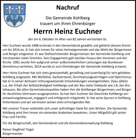 Traueranzeige von Heinz Euchner von Metzinger-Uracher Volksblatt