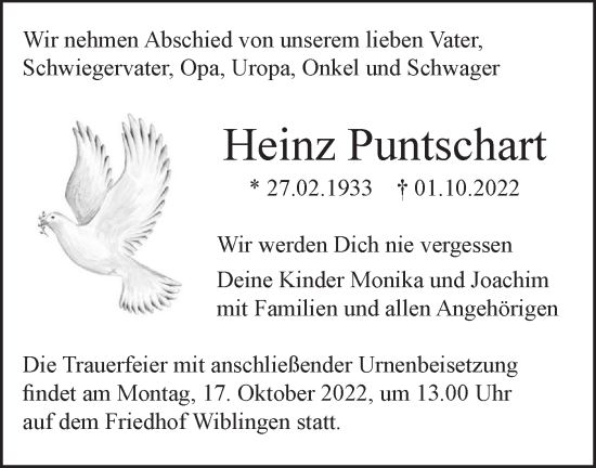 Traueranzeige von Heinz Puntschart von SÜDWEST PRESSE Ausgabe Ulm/Neu-Ulm