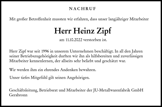 Traueranzeige von Heinz Zipf von Hohenloher Tagblatt