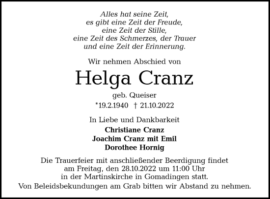 Traueranzeige von Helga Cranz von Alb-Bote/Metzinger-Uracher Volksblatt