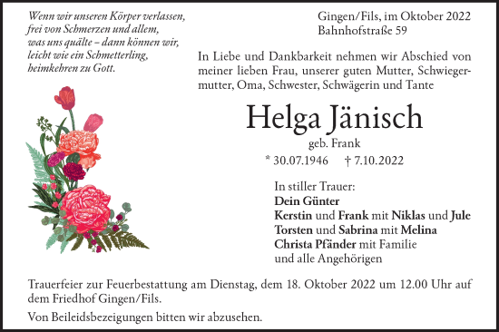 Traueranzeige von Helga Jänisch von Geislinger Zeitung