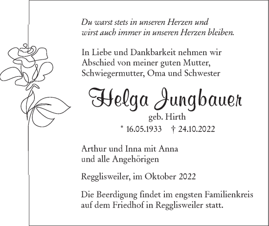 Traueranzeige von Helga Jungbauer von SÜDWEST PRESSE Ausgabe Ulm/Neu-Ulm