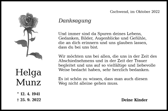 Traueranzeige von Helga Munz von Rundschau Gaildorf