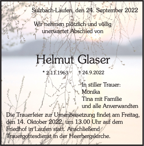 Traueranzeige von Helmut Glaser von Rundschau Gaildorf