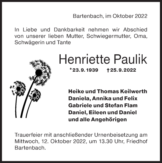 Traueranzeige von Henriette Paulik von NWZ Neue Württembergische Zeitung