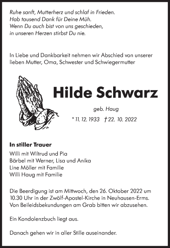 Traueranzeige von Hilde Schwarz von Metzinger-Uracher Volksblatt