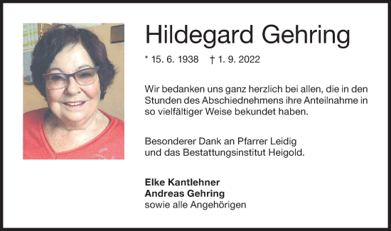 Traueranzeige von Hildegard Gehring von Haller Tagblatt