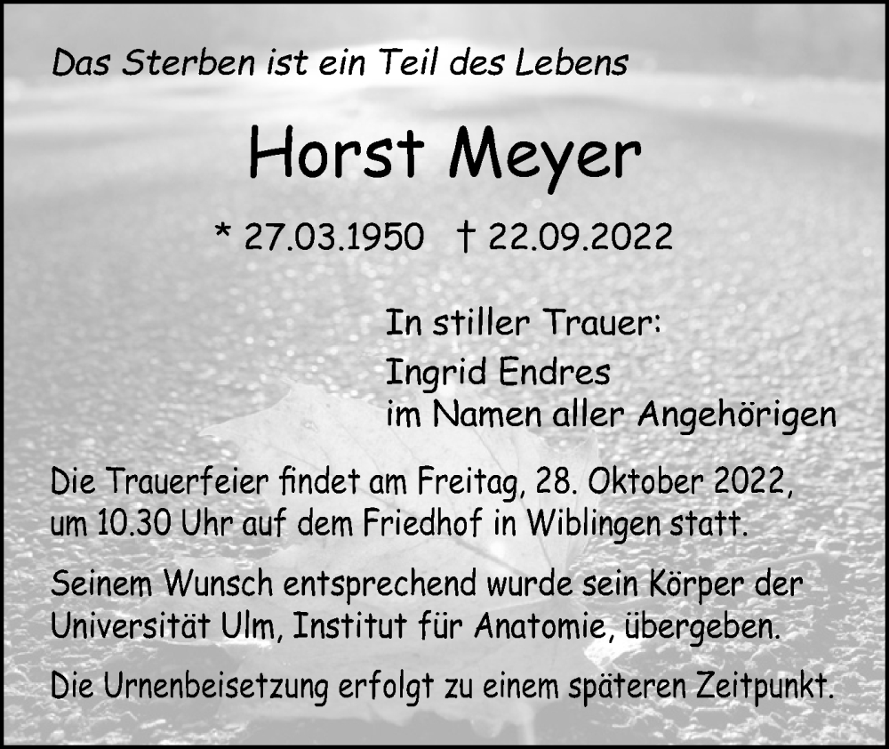  Traueranzeige für Horst Meyer vom 21.10.2022 aus SÜDWEST PRESSE Ausgabe Ulm/Neu-Ulm