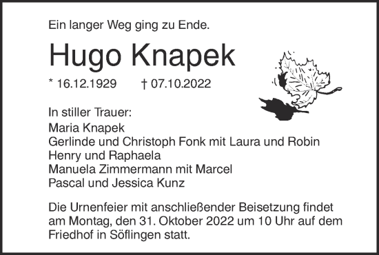 Traueranzeige von Hugo Knapek von SÜDWEST PRESSE Ausgabe Ulm/Neu-Ulm