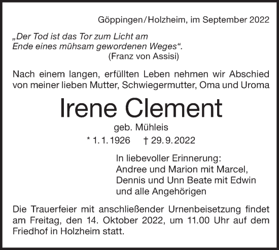 Traueranzeige von Irene Clement von NWZ Neue Württembergische Zeitung