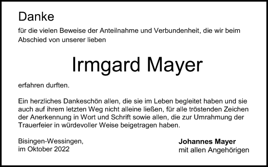 Traueranzeige von Irmgard Mayer von Metzinger-Uracher Volksblatt