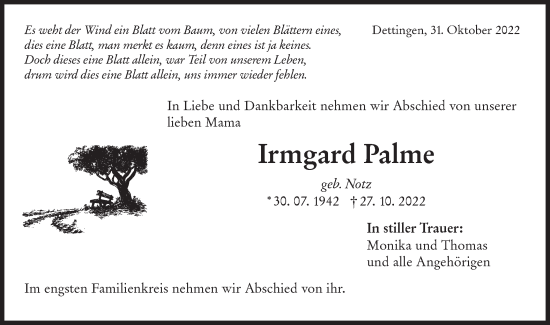 Traueranzeige von Irmgard Palme von Metzinger-Uracher Volksblatt