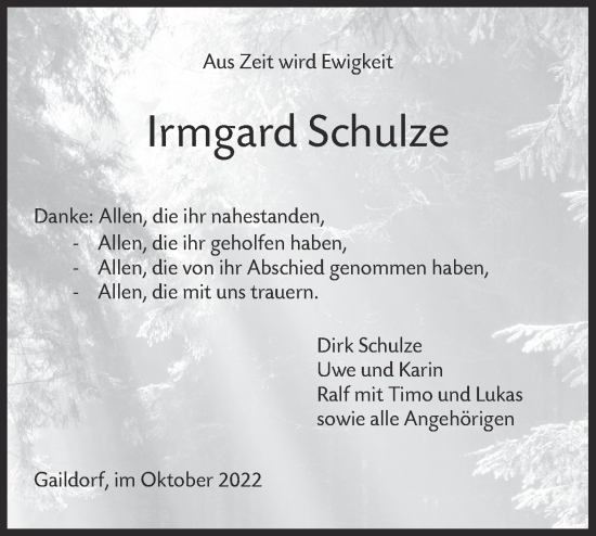 Traueranzeige von Irmgard Schulze von Rundschau Gaildorf