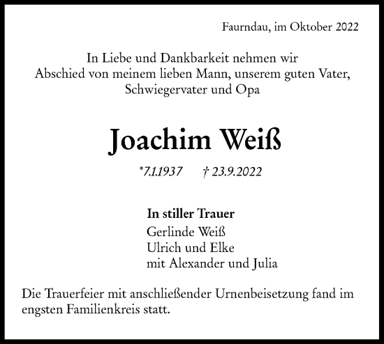 Traueranzeige von Joachim Weiß von NWZ Neue Württembergische Zeitung