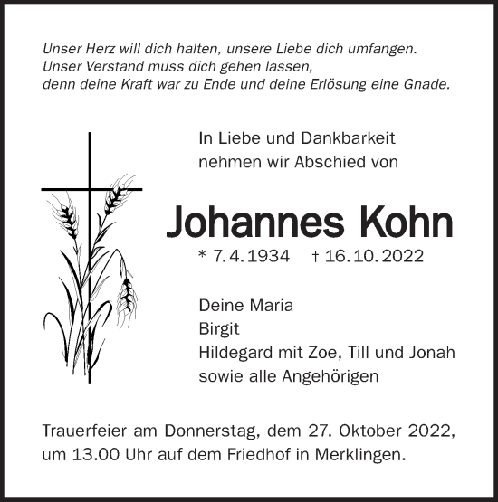 Traueranzeige von Johannes Kohn von SÜDWEST PRESSE Ausgabe Ulm/Neu-Ulm