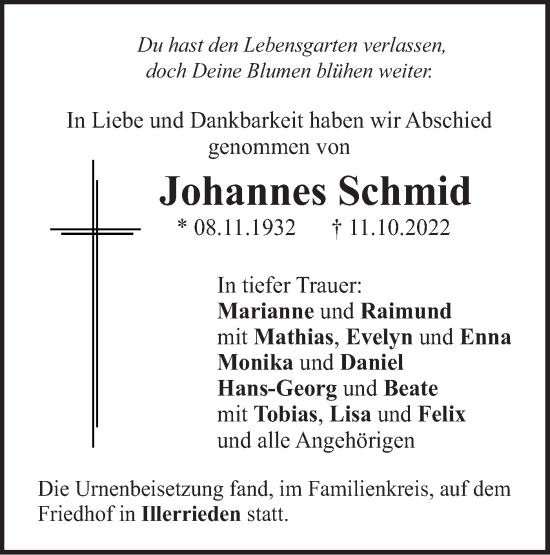 Traueranzeige von Johannes Schmid von SÜDWEST PRESSE Ausgabe Ulm/Neu-Ulm