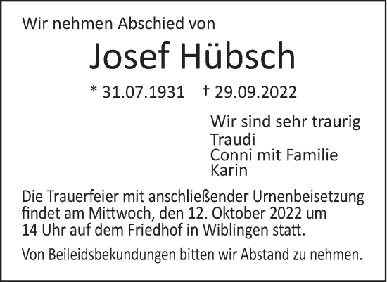 Traueranzeige von Josef Hübsch von SÜDWEST PRESSE Ausgabe Ulm/Neu-Ulm