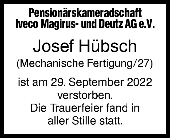 Traueranzeige von Josef Hübsch von SÜDWEST PRESSE Ausgabe Ulm/Neu-Ulm