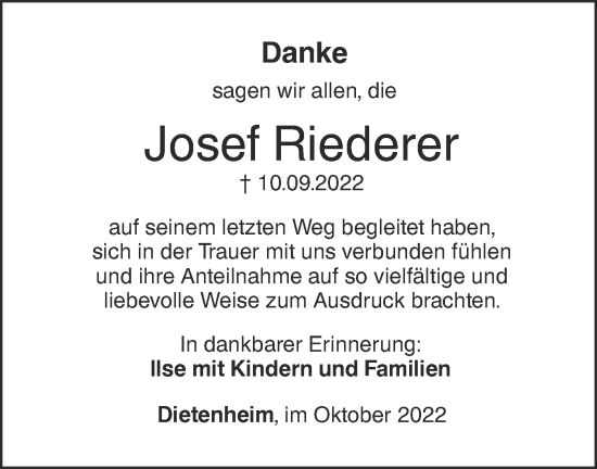 Traueranzeige von Josef Riederer von SÜDWEST PRESSE Ausgabe Ulm/Neu-Ulm