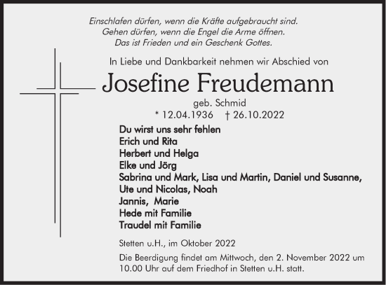 Traueranzeige von Josefine Freudemann von Metzinger-Uracher Volksblatt