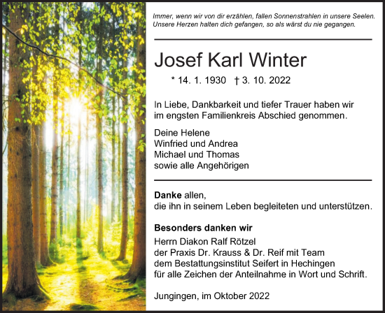 Traueranzeige von Josef Karl Winter von Metzinger-Uracher Volksblatt