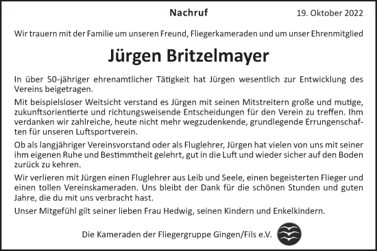 Traueranzeige von Jürgen Britzelmayer von Geislinger Zeitung