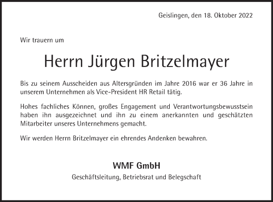 Traueranzeige von Jürgen Britzelmayer von Geislinger Zeitung