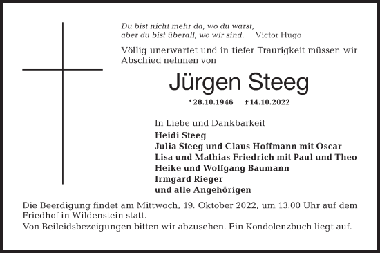 Traueranzeige von Jürgen Steeg von Hohenloher Tagblatt