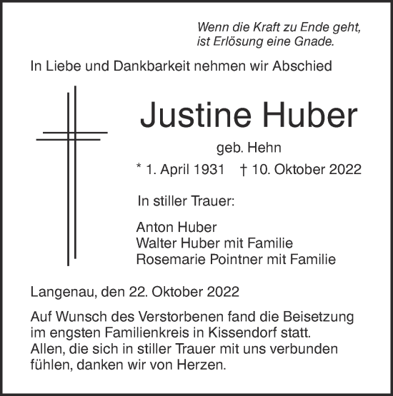 Traueranzeige von Justine Huber von SÜDWEST PRESSE Ausgabe Ulm/Neu-Ulm