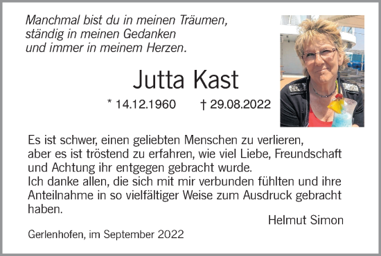 Traueranzeige von Jutta Kast von SÜDWEST PRESSE Ausgabe Ulm/Neu-Ulm