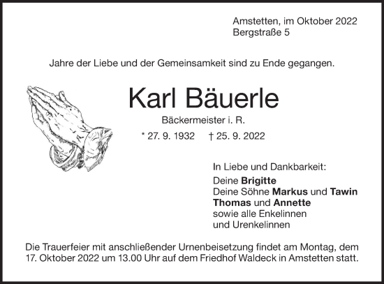 Traueranzeige von Karl Bäuerle von Geislinger Zeitung