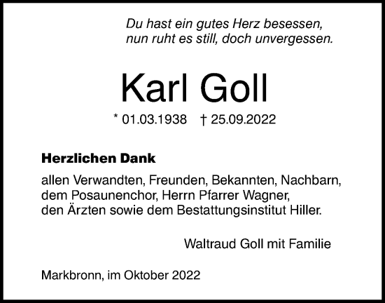 Traueranzeige von Karl Goll von SÜDWEST PRESSE Ausgabe Ulm/Neu-Ulm