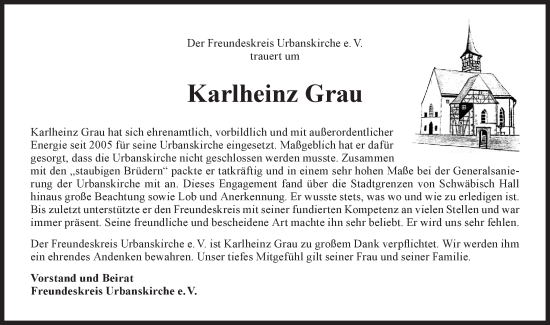 Traueranzeige von Karlheinz Grau von Haller Tagblatt