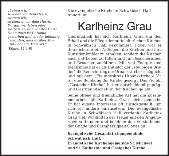 Traueranzeige von Karlheinz Grau von Haller Tagblatt