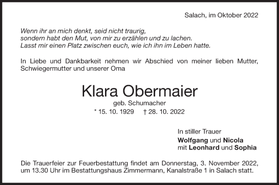 Traueranzeige von Klara Obermaier von NWZ Neue Württembergische Zeitung/Geislinger Zeitung