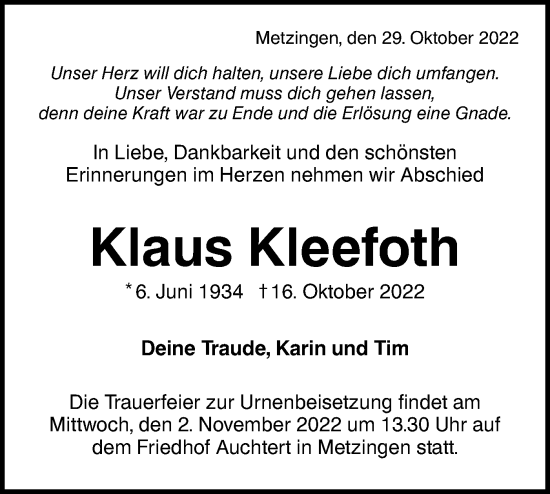 Traueranzeige von Klaus Kleefoth von Metzinger-Uracher Volksblatt