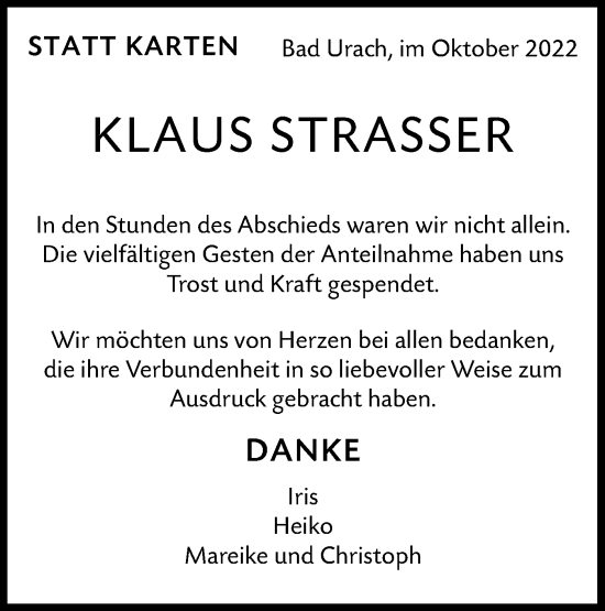 Traueranzeige von Klaus Strasser von Metzinger-Uracher Volksblatt