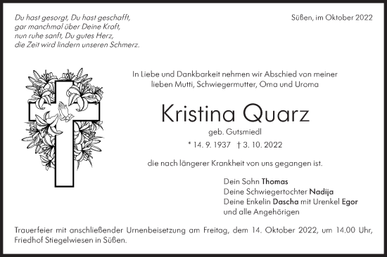 Traueranzeige von Kristina Quarz von NWZ Neue Württembergische Zeitung