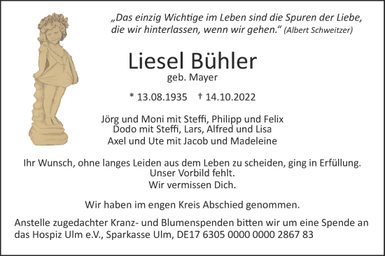 Traueranzeige von Liesel Bühler von SÜDWEST PRESSE Ausgabe Ulm/Neu-Ulm