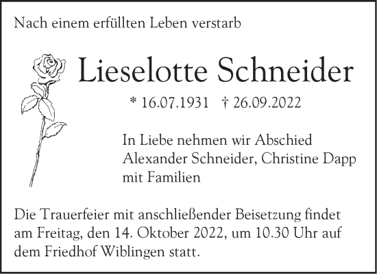 Traueranzeige von Lieselotte Schneider von SÜDWEST PRESSE Ausgabe Ulm/Neu-Ulm