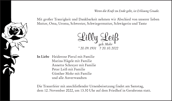 Traueranzeige von Lilly Leiß von Hohenloher Tagblatt