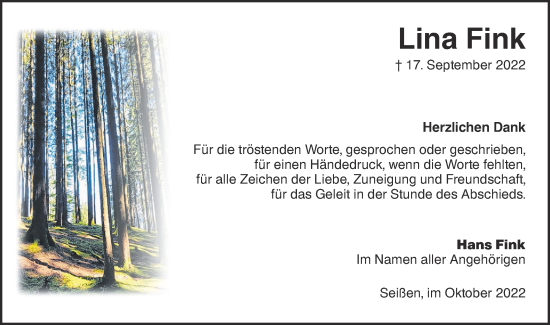 Traueranzeige von Lina Fink von SÜDWEST PRESSE Ausgabe Ulm/Neu-Ulm