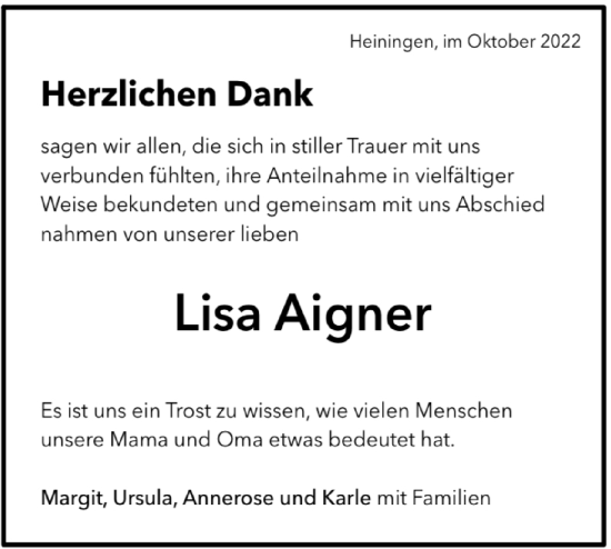 Traueranzeige von Lisa Aigner von NWZ Neue Württembergische Zeitung