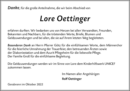 Traueranzeige von Lore Oettinger von Hohenloher Tagblatt