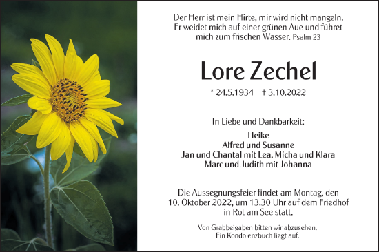 Traueranzeige von Lore Zechel von Hohenloher Tagblatt